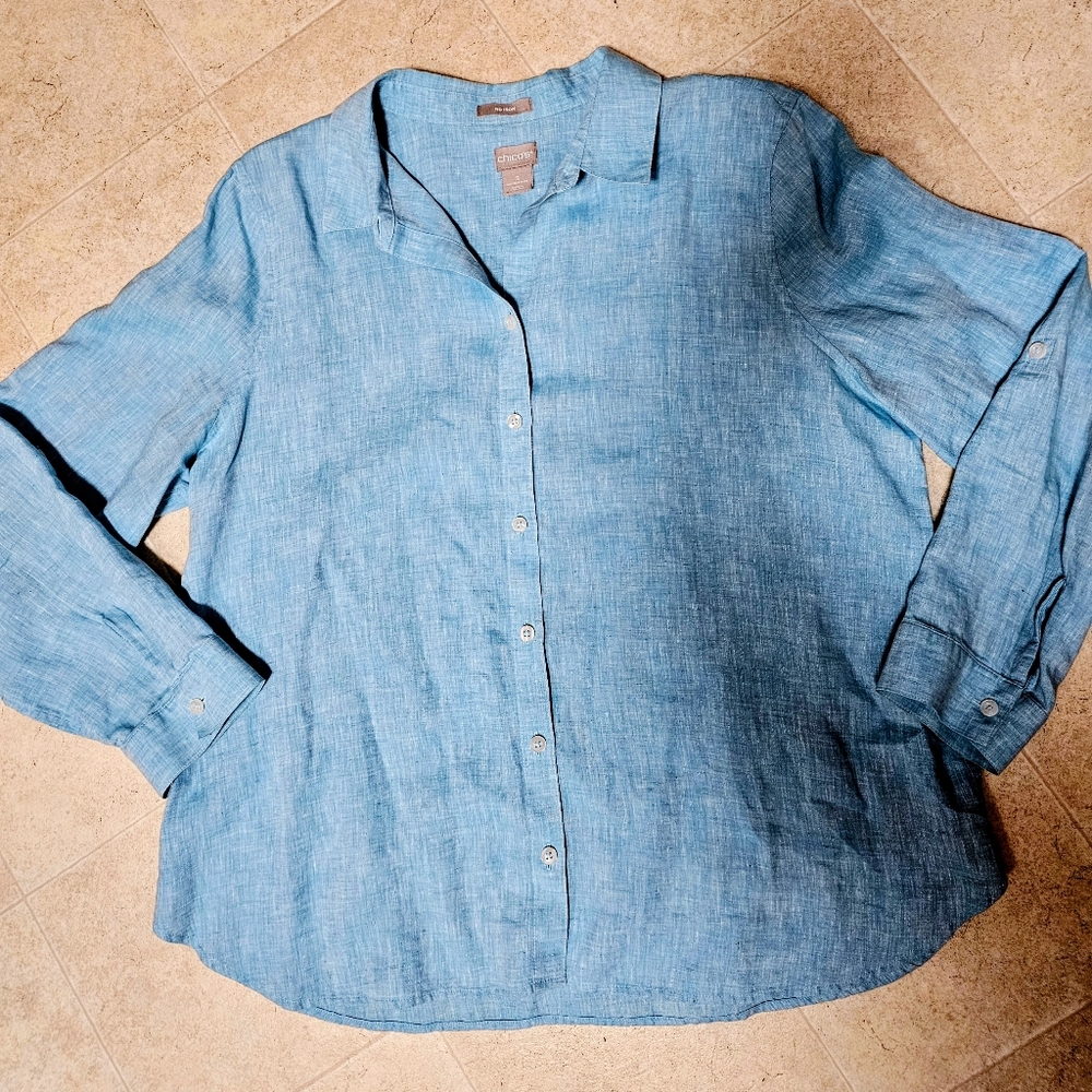 Chico's Linen No Iron Sz 3 Turquoise 3/4 Sleeve Unworn Cond GORGEOUS